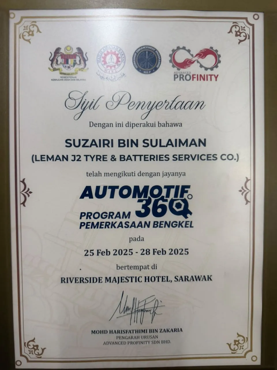 Leman J2 Tyre & Batteries Services CO - Certificate